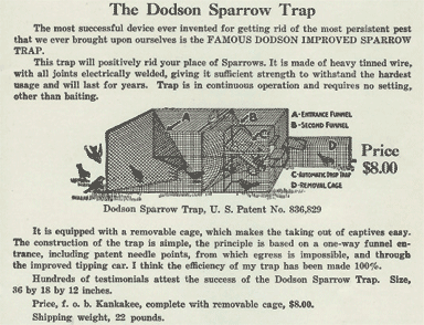 Sparrow trap sold by Joseph H. Dodson, drawing from his pamphlet "Your Bird Friends and How to Win Them," 1928