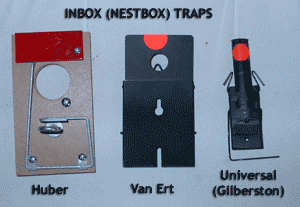 Inbox trap styles - Huber, Van Ert, Universal. Photo by Bet Zimmerman