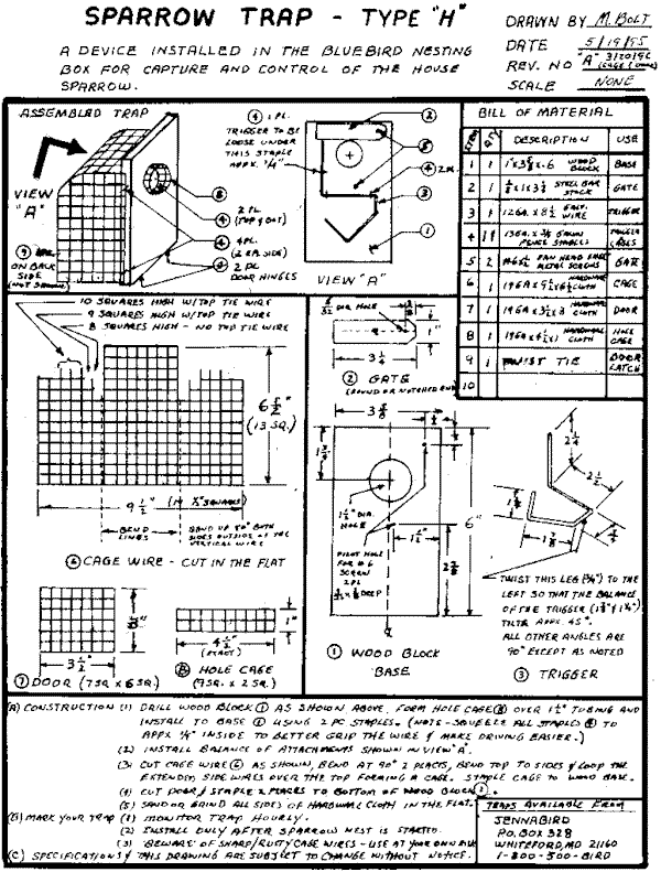 Mel Bolt Sparrow Trap retrieved from http:// audubon-omaha.org/bbbox/nestbox/ bolttrap.htm